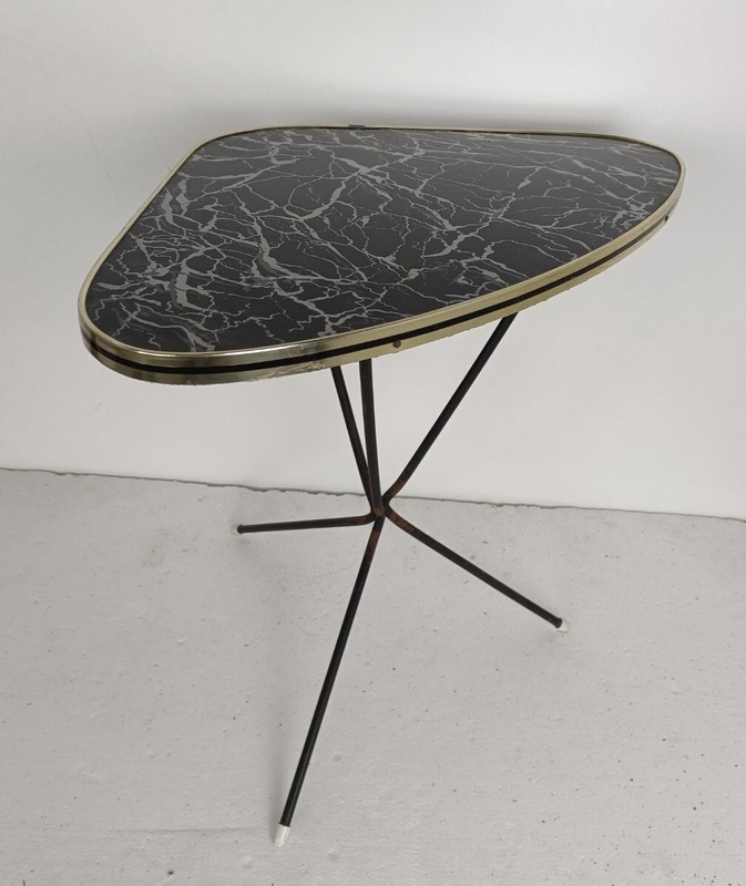Lovely Small Side Occasional Table Iron Legs marble look top Modernist Vintage gallery