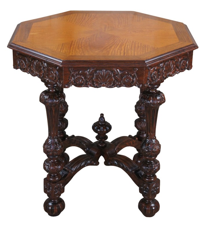 Antique Johnson Handley Johnson European Carved Walnut & Satinwood Octagon Table