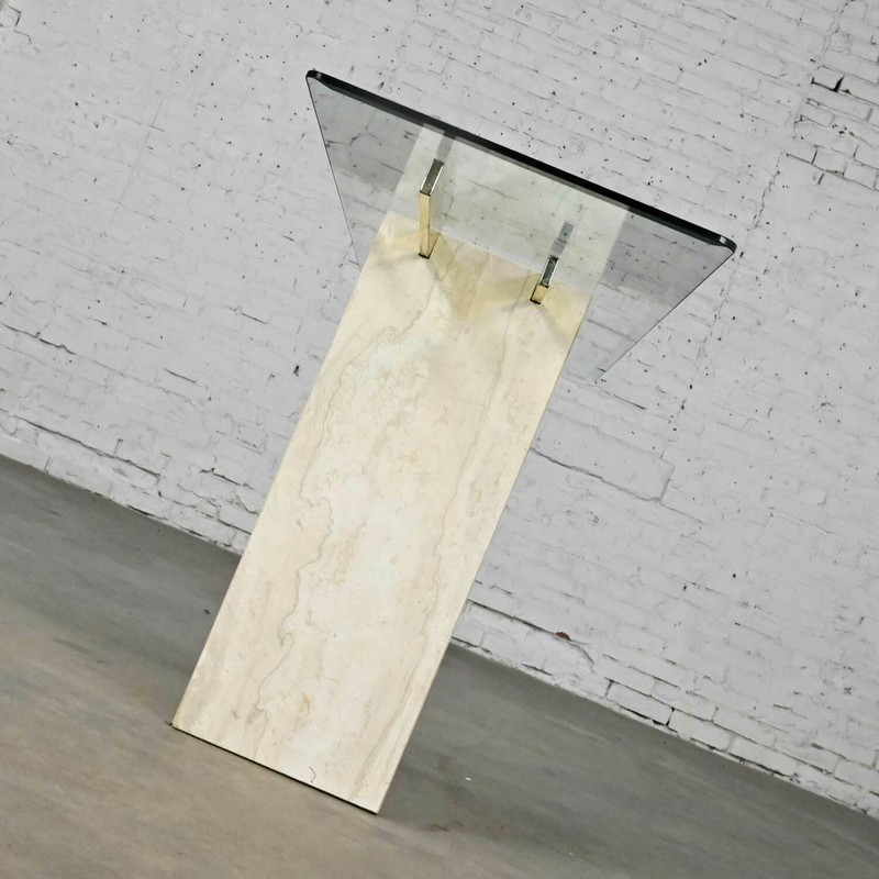 Modern Console Sofa Table Travertine & Brass Plate with Glass Top Style Artedi gallery