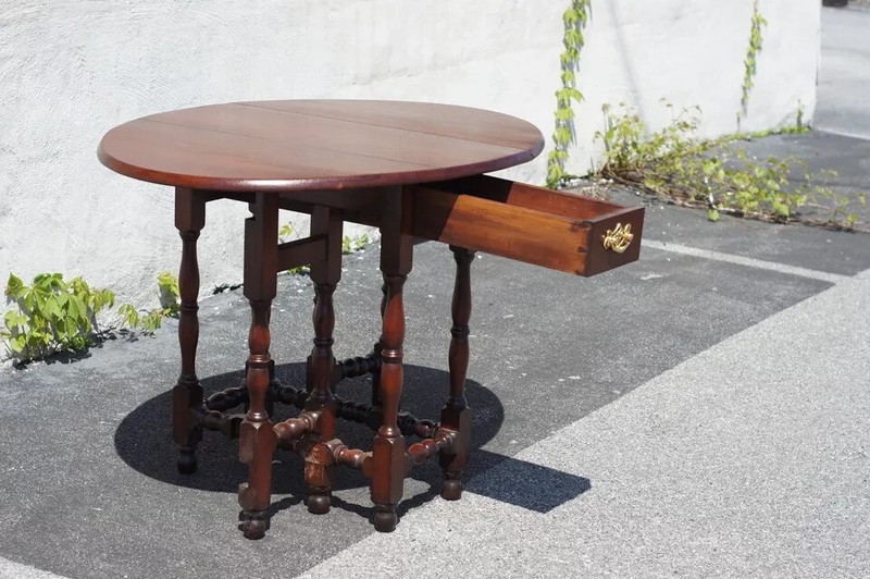 19th C English Jacobean Walnut Drop Leaf Table, Foldable Dining Side Table gallery