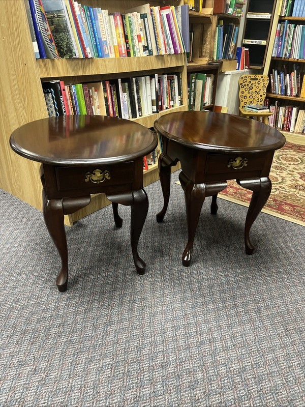 Pair Of Antique Queen Anne Style Oval Side / End Tables with Drawer