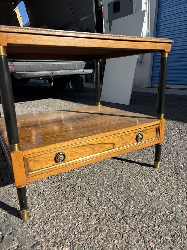 Vintage Hollywood Regency End Table Mahogany Veneer Brass Ebonized Legs gallery