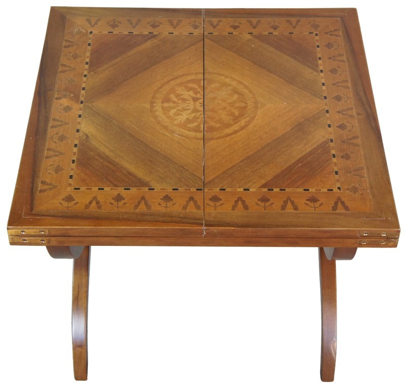 Mid Century Italian Flip Top Walnut & Marquetry Inlay Square Coffee Table Italy