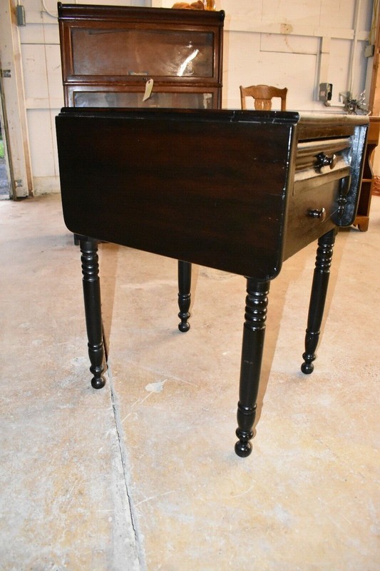 Antique Empire Style Drop Sides Table with Turned Legs Dark Ebonized Finish gallery