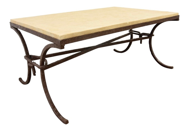 1970s Brutalist Rustic Iron Stone Top Coffee Table