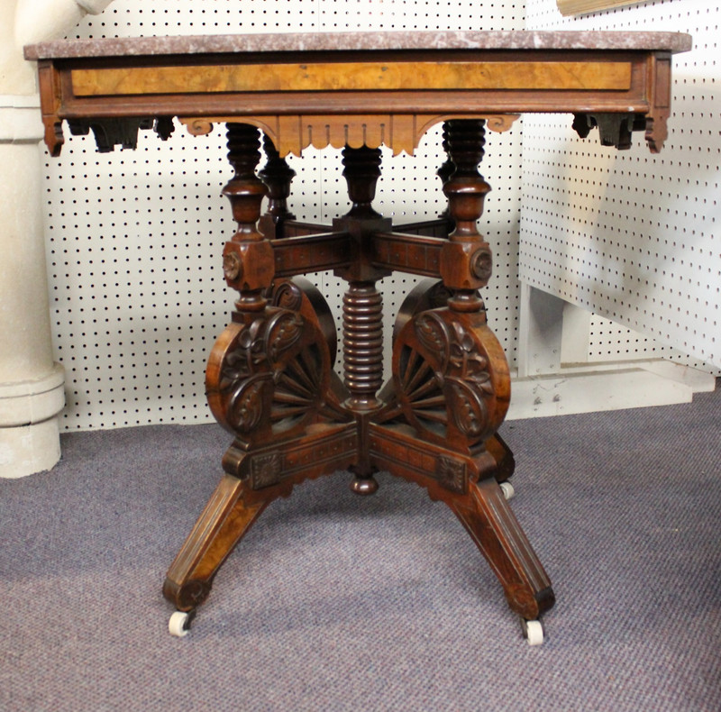 Eastlake Marble Top Table Walnut + Burl. Geometric + Foliate + Fan Carvings 1887 gallery