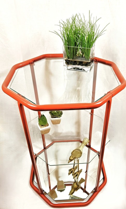 Fully Restored Brick Red Brass Glass Mirror 3 Tier Etagere Shelf Unit C. 1960s gallery