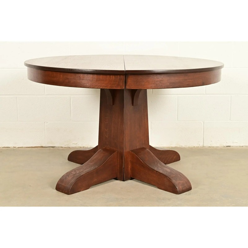 Gustav Stickley Style Antique Mission Oak Arts & Crafts Split Pedestal Table gallery