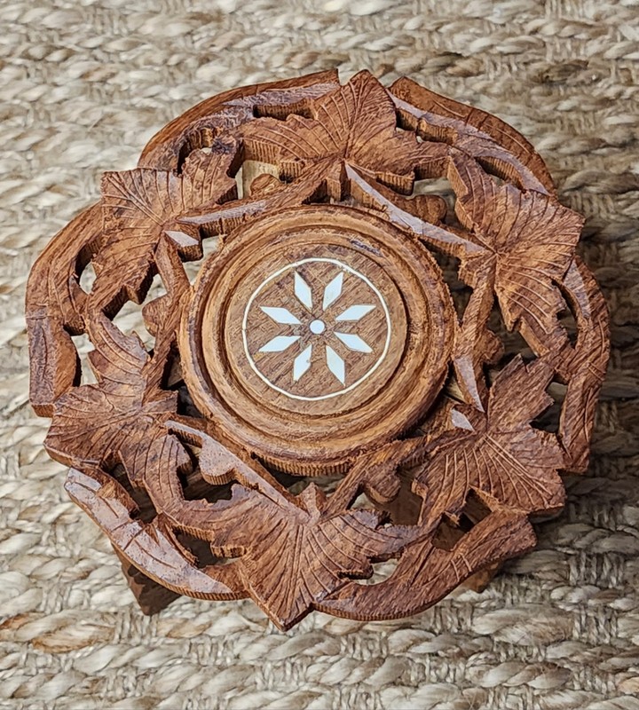 Vintage Hand Carved Anglo Indian Teak Plant Stand Table Inlaid Shell Leaf Design gallery