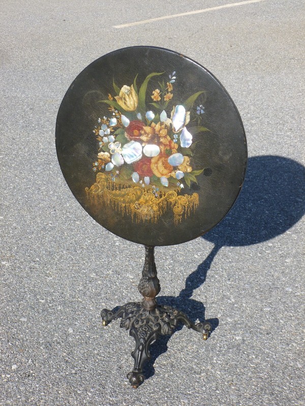Antique Cast Iron Inlaid Mother of Pearl Tilt Top Table – Brass Castors – Inlay