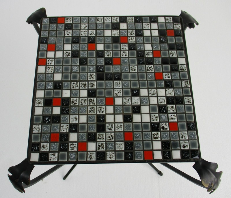 Vintage Small Side Table Plant stand Mosaic tiles Checkered pattern Wrought Iron gallery