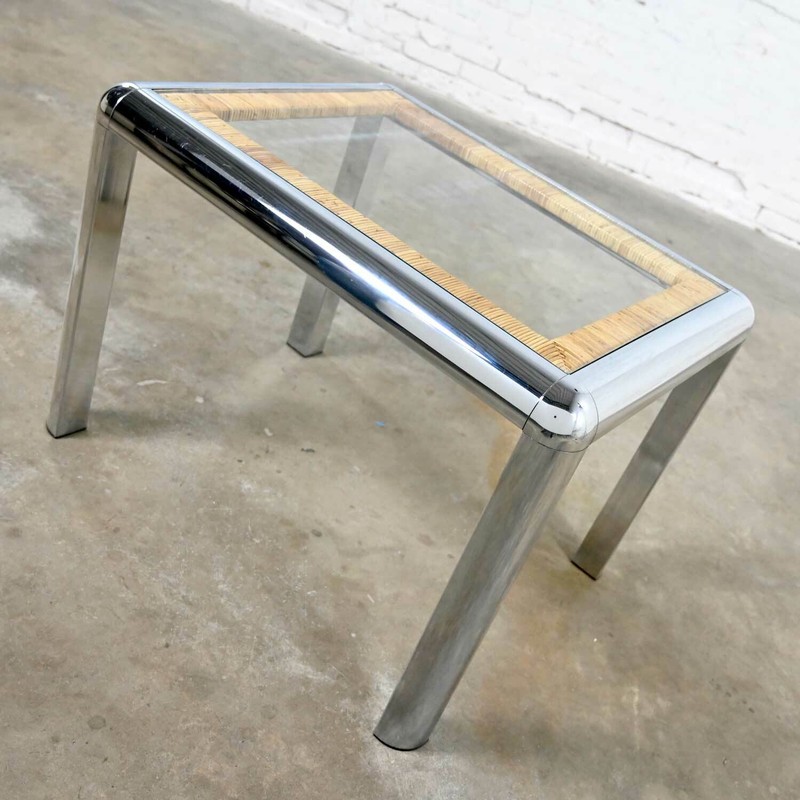Vintage Modern Rectangular Chrome Glass & Wrapped Rattan Side Table Attr to DIA gallery