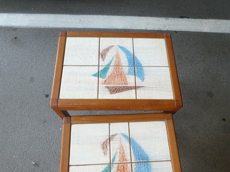 PAIR OF 1970'S DANISH MODERN NESTING TABLES WITH TILE TOPS NAUTICAL THEME gallery
