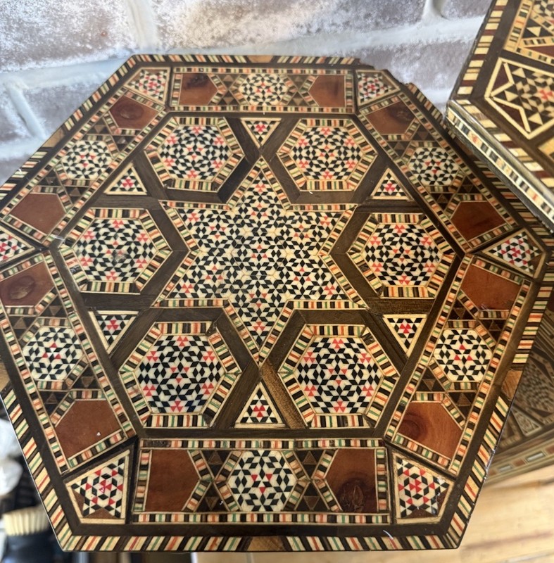 Antique Set 2 WUNDERLY VINTAGE SYRIAN INLAID MOROCCAN Wood Side TABLES Or Stands gallery