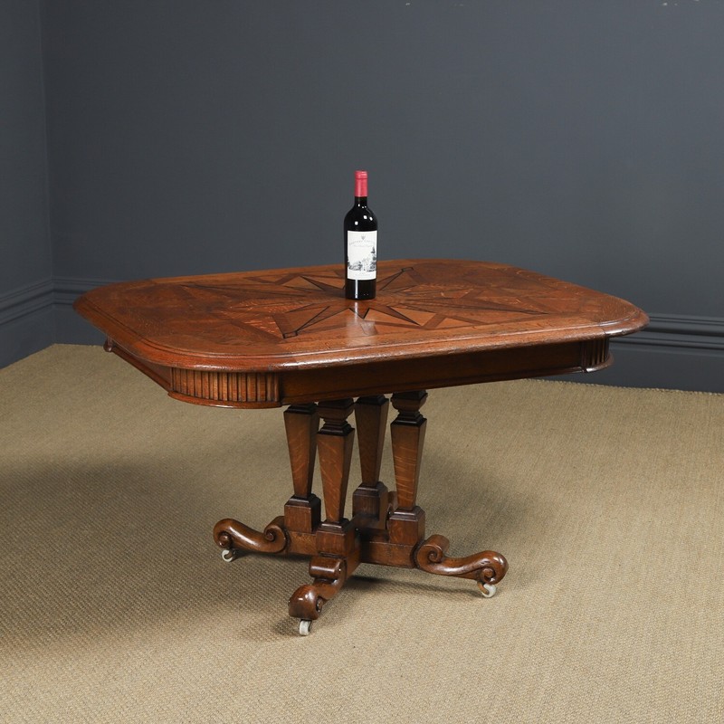 Antique Continental Victorian Oak Ebony Parquet Centre Loo Dining Table c. 1860 gallery