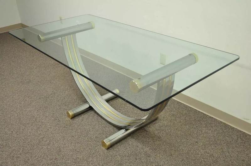 Mid Century Modern Romeo Rega Style Chrome Brass and Glass Arch Dining Table gallery