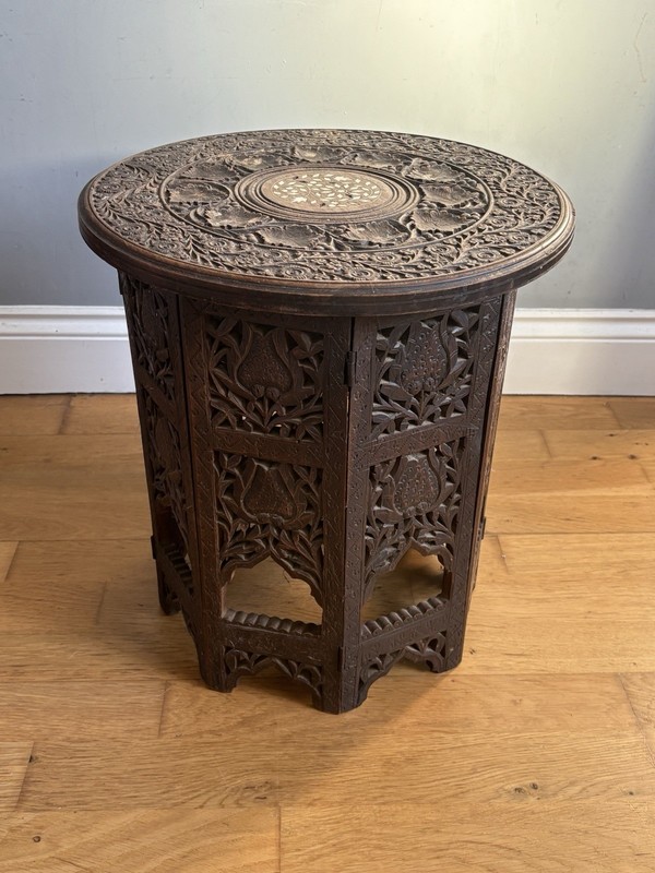 Antique Indian side table floral carvings folding octagonal base 38 cm Diameter