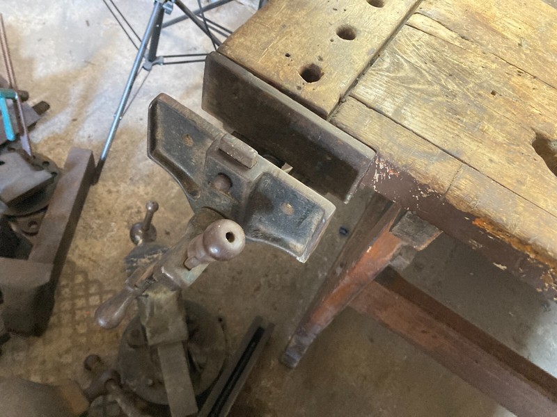 EH Sheldon 2 Student Wood Work Bench Vise Shop Table 1900s gallery