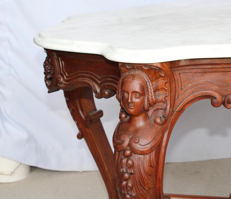 Antique Victorian Walnut Marble top Table – carved flowers in urn gallery