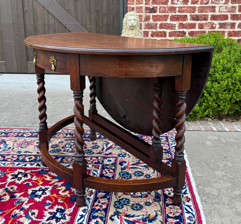 Antique English Demilune Table Drop Leaf Barley Twist w Drawer Oak ROUND 1920-30 gallery