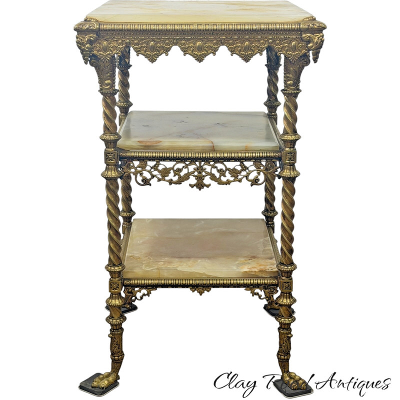 Antique victorian 3 tier onyx brass bronze ornate parlor table stand pedestal gallery