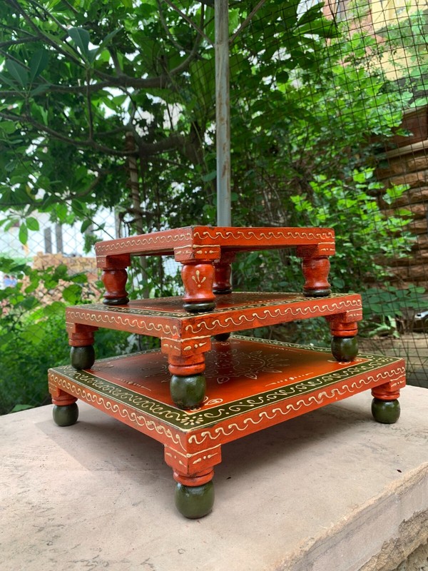 Pooja Stool Chowki Traditional Handcrafted Wooden Painted Bajot Indian Art Work gallery