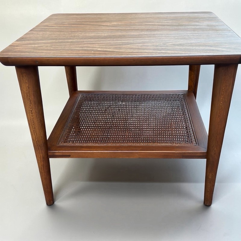 Pair Vintage Lane Mid Century Modern Walnut Formica Cane End Tables 1038-18 MCM gallery