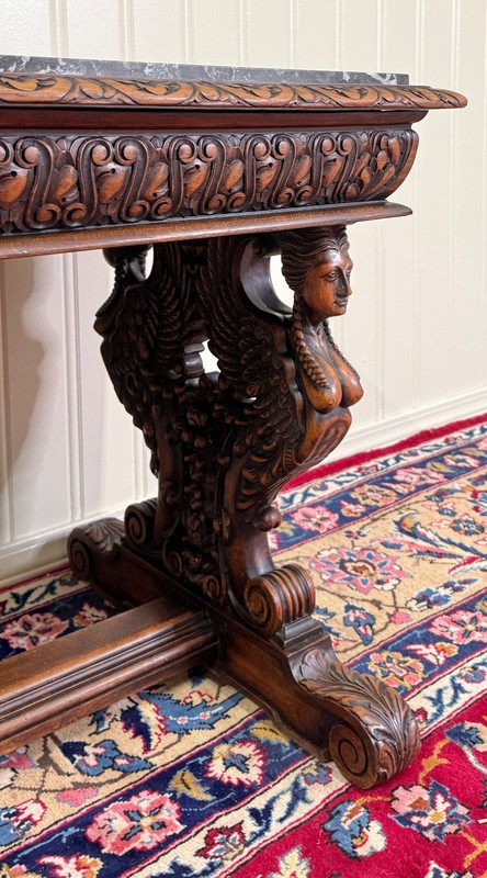 Antique French Coffee Table Bench Window Seat Marble Top Oak Renaissance Revival gallery