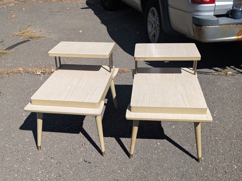 VTG Pair Mid Century Modern Laminate End Table Nightstand 2 Tier Blonde White
