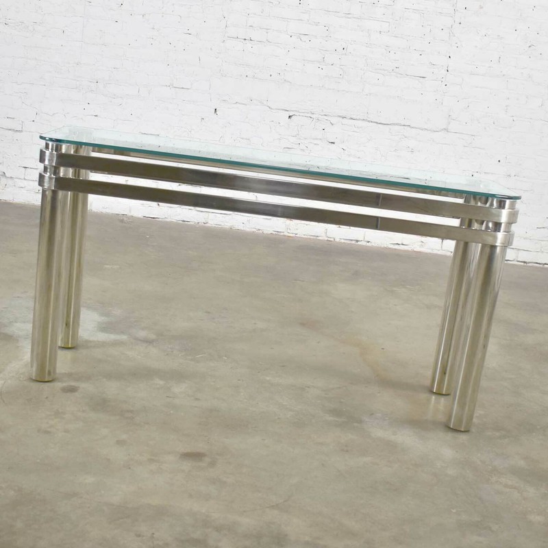 Modern Chrome Rectangle Console Sofa Table Glass Top Style Pace or Karl Springer gallery