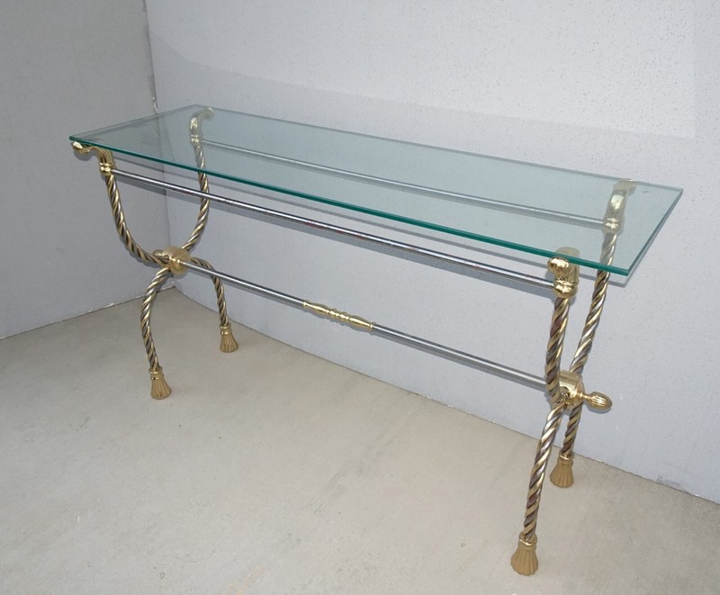 Vintage Brass Chrome Tasseled Twist Rope Sofa Side Table - Hollywood Regency gallery