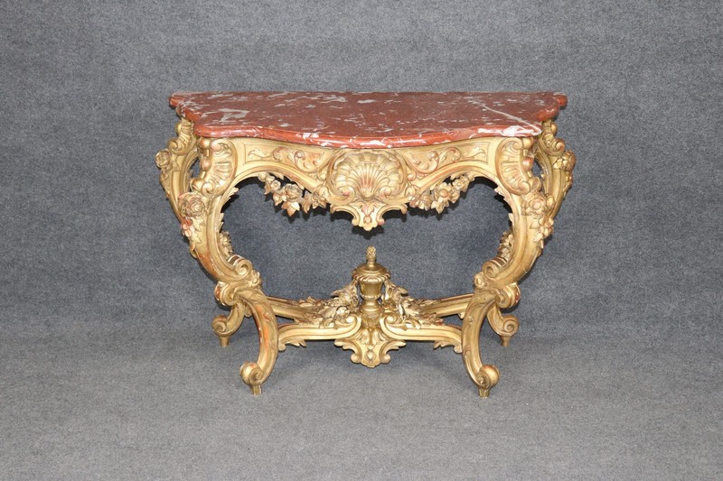 19th Century French Rococo Carved Giltwood Marble Top Console Table gallery