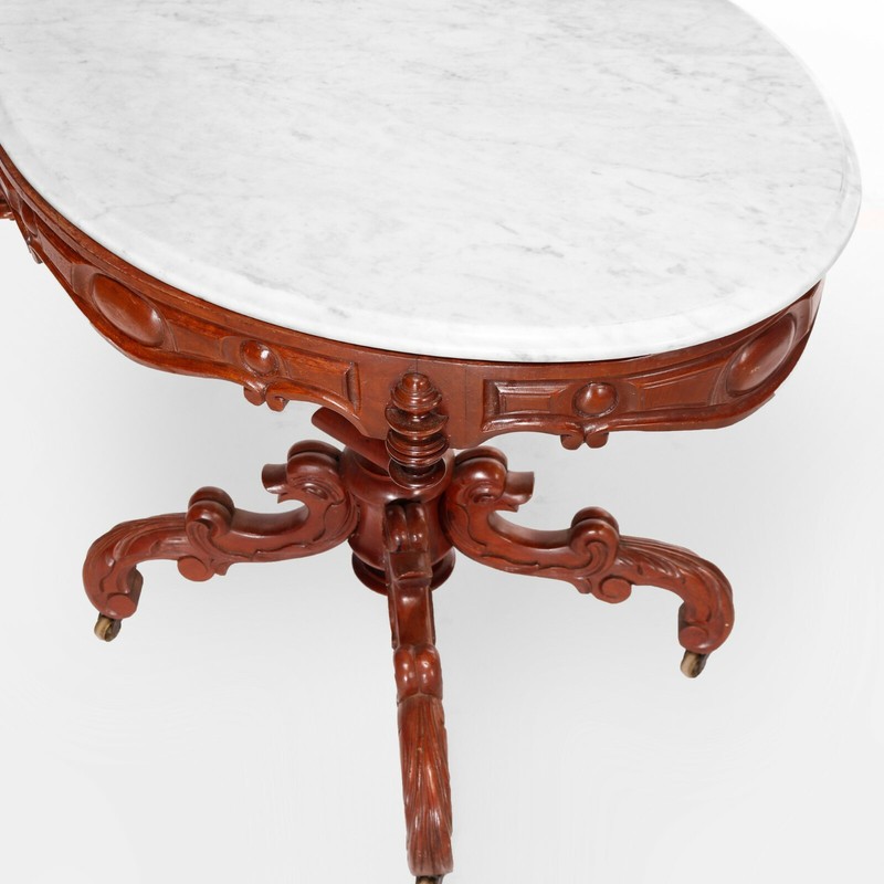 Antique Renaissance Revival Figural Carved Oval Marble Top Parlor Table, c1880 gallery