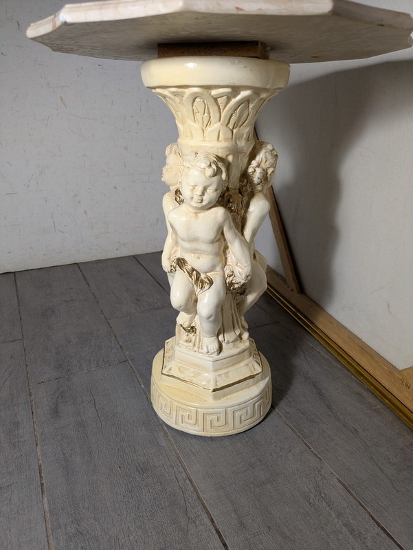 Vintage Hollywood Italian Regency Cherub Pedestal Table Scalloped Faux Marble C2 gallery