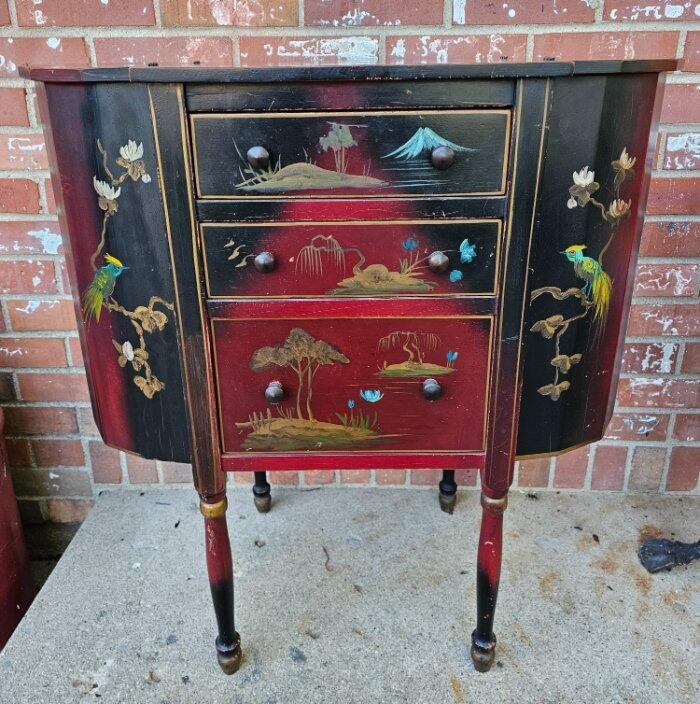 Antique Chinoiserie Painted Martha Washington Sewing Cabinet Stand