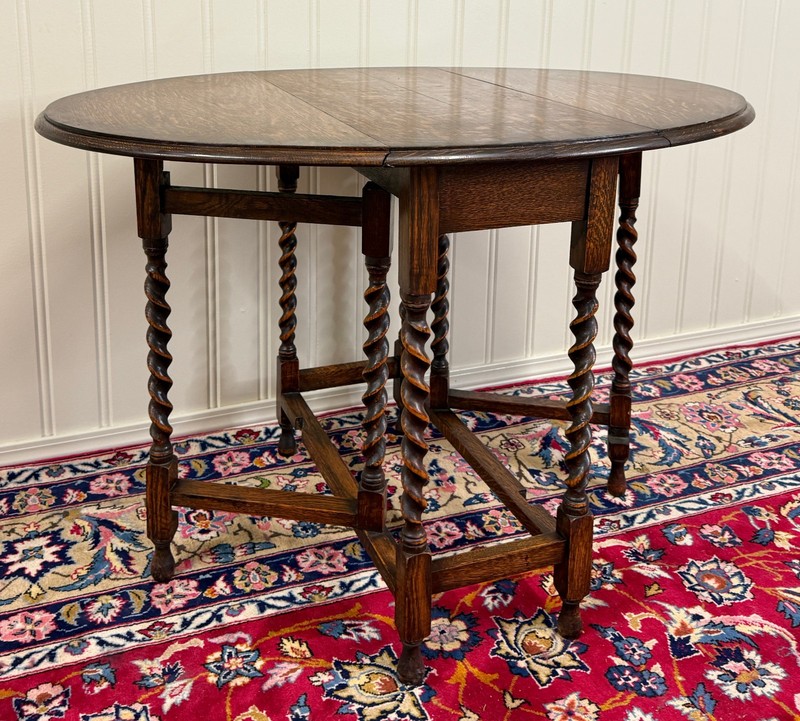 Antique English Table Drop Leaf Gateleg Barley Twist Oak Oval c. 1920-30s gallery