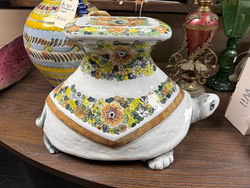 Vintage Italian Ceramic Floral Chinoiserie Regency Turtle Garden Table gallery