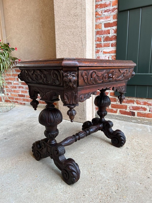 Antique Petite English Sofa Table Library Desk Renaissance Carved Oak Gothic
