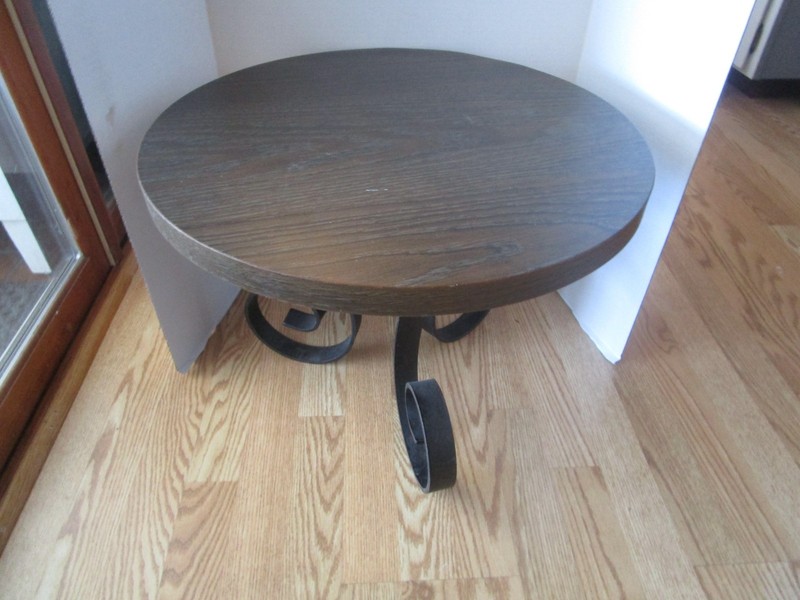 Vintage MCM Steampunk WROUGHT SCROLLS IRON BASE round FORMICA SIDE TABLE 19.75"W