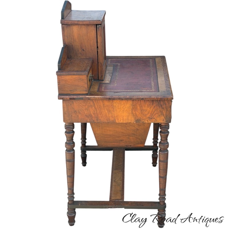 Antique victorian rosewood burl sewing table work stand leather top ladies gallery