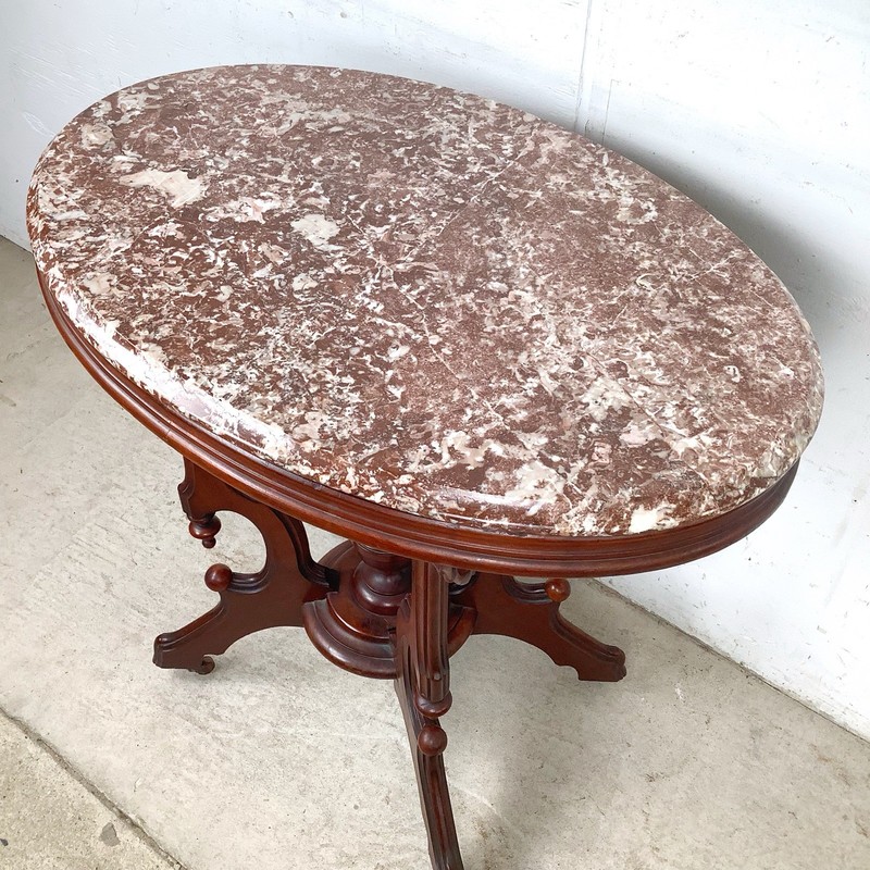 Victorian Revival Marble Top Accent Table Carved Parlor Center Table gallery