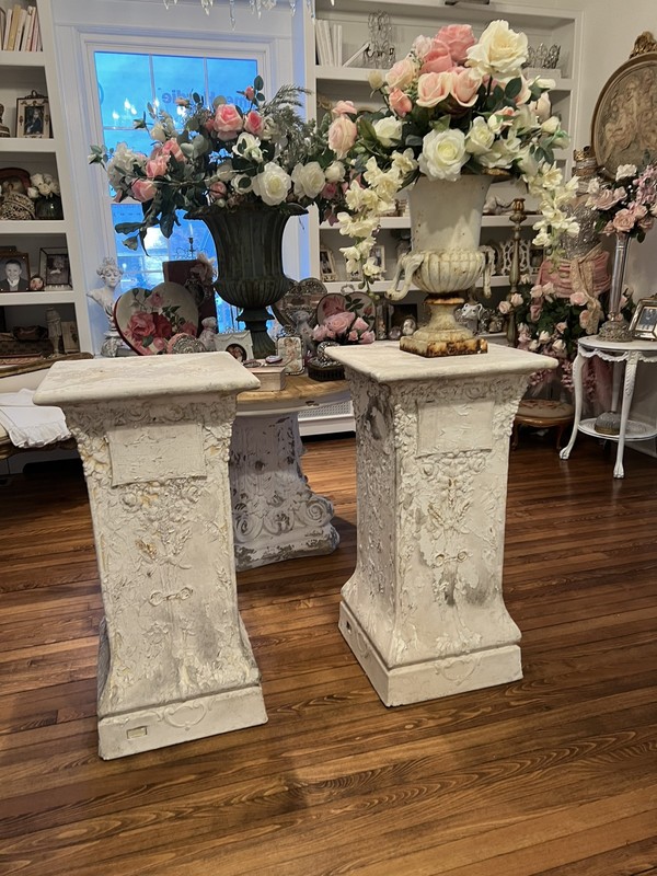 Pair Antique Pedestal Tables Chalkware Daprato French Style Barbola Roses Vtg gallery