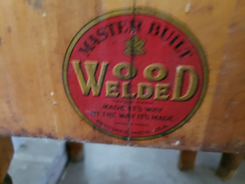 Vintage Antique Butcher Block Welded Wood Michigan Maple Co Table Meat Chopping gallery