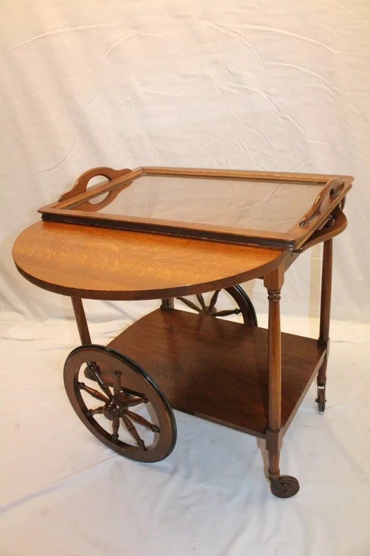 Arts & Crafts Tiger Oak Tea Cart Serving Table, Drop Leaf with Glass Tray gallery