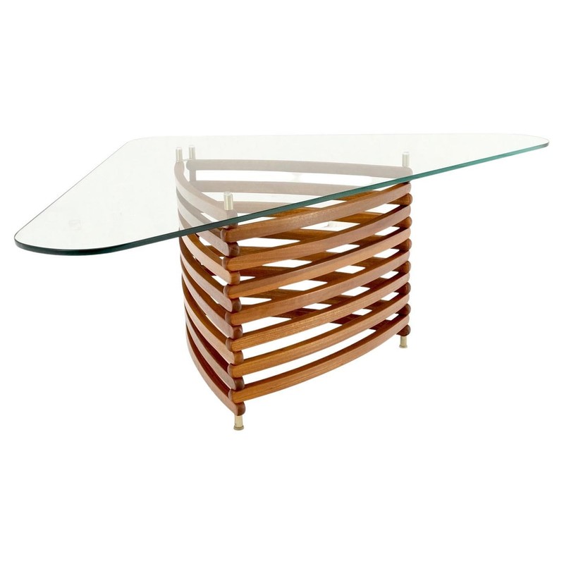 Danish Mid-Century Modern Teak Slats Triangular Base Glass Top Coffee Table Mint
