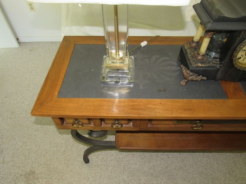 Oak Iron Base 3 Drawer Long Console with slate top gallery