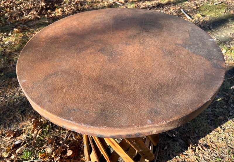 Equipale Mexico Side Table Leather Top Cedar Wood Strip Base 1950s Aztec FolkArt gallery