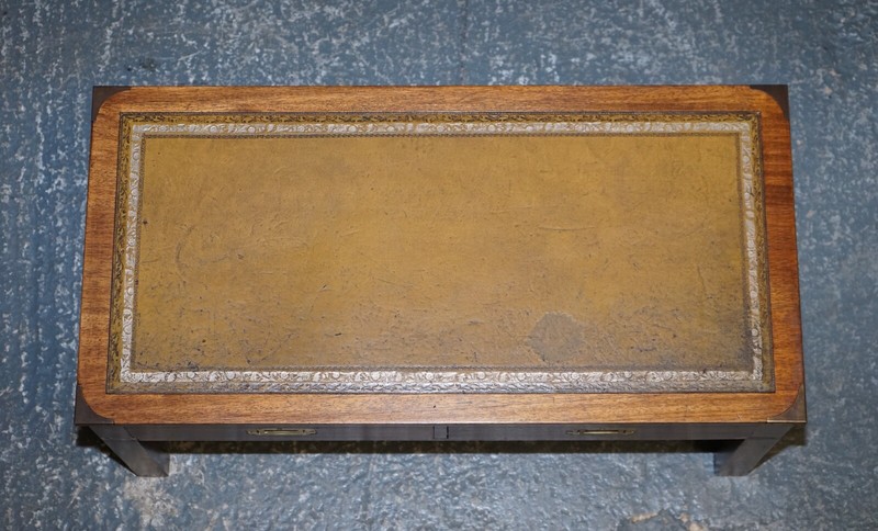 HARRODS LONDON KENNEDY MILITARY CAMPAIGN COFFEE TABLE WITH BROWN LEATHER TOP gallery