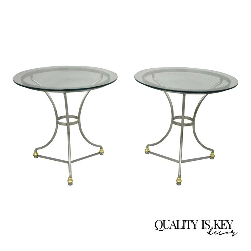 Italian Neoclassical Maison Jansen Style Steel & Brass Round End Tables – a Pair