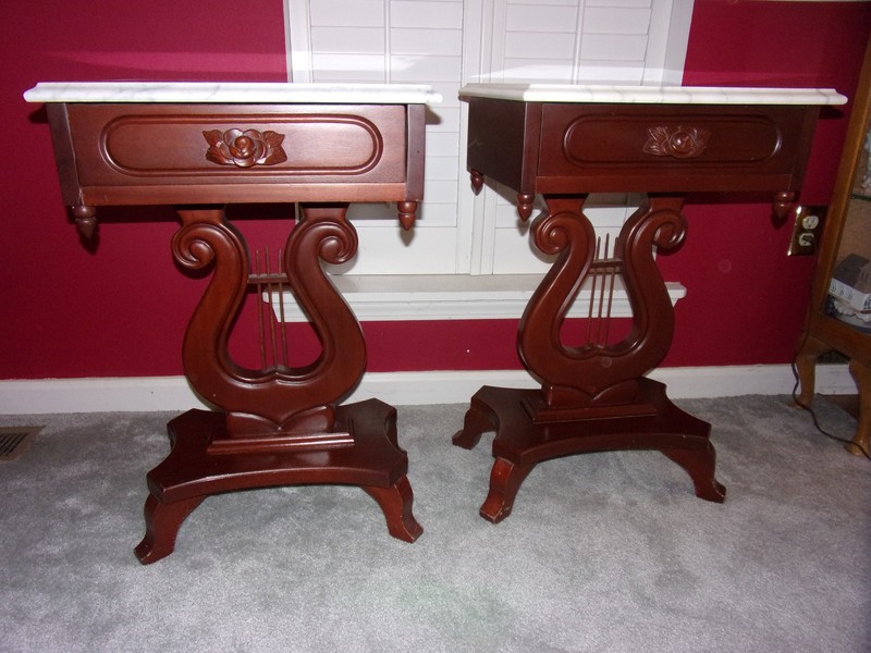 Victorian Set 2 Mahogany Lyre Harp Tables Marble Top – other pieces available